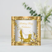 グリッターハイヒールシューズイエロー金ゴールドパーティー 招待状 (スタンド正面)