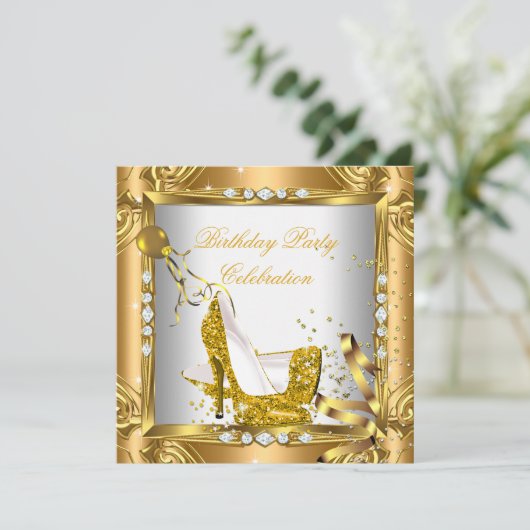グリッターハイヒールシューズイエロー金ゴールドパーティー 招待状 (スタンド正面)