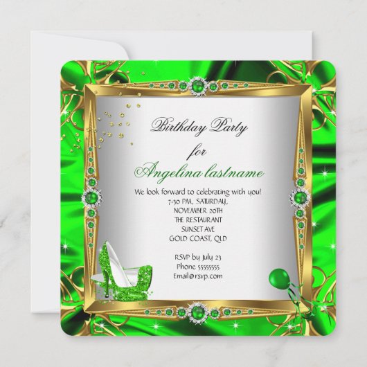 グリッターハイヒールシューズライムグリーン金ゴールドシルク 招待状 (裏面)