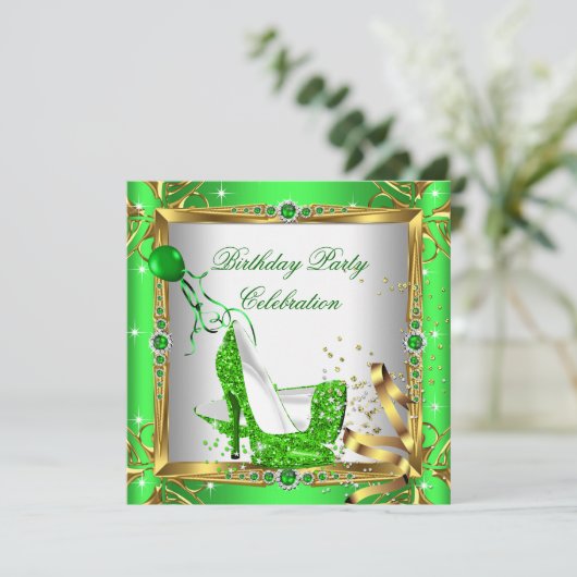 グリッターハイヒールシューズライムグリーン金ゴールドパーティー 招待状 (スタンド正面)