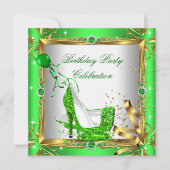 グリッターハイヒールシューズライムグリーン金ゴールドパーティー 招待状 (正面)