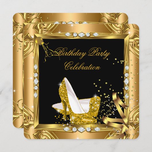 グリッターハイヒールシューズ黄色金ゴールドブラックパーティー 招待状 (正面/裏面)
