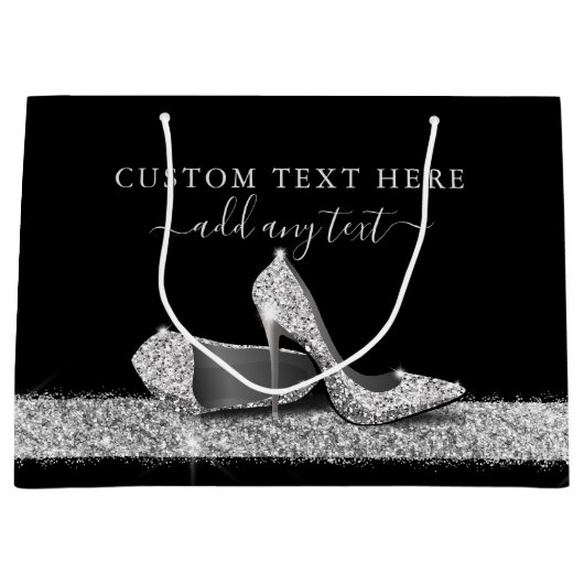 グリッターハイヒールシルバーブラックパーソナライズされたラージ ラージペーパーバッグ (正面)