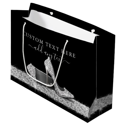 グリッターハイヒールシルバーブラックパーソナライズされたラージ ラージペーパーバッグ (正面アングル)