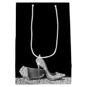 グリッターハイヒールブラックシルバーパーソナライズされた ミディアムペーパーバッグ (裏面)