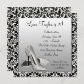 グリッターハイヒールブラックダマスクバースデーパーティー 招待状 (正面/裏面)