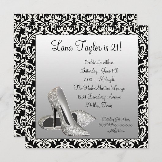 グリッターハイヒールブラックダマスクバースデーパーティー 招待状 (正面/裏面)