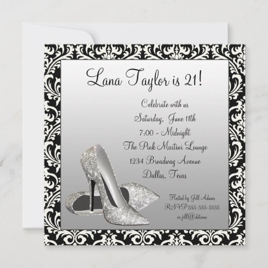 グリッターハイヒールブラックダマスクバースデーパーティー 招待状 (正面)