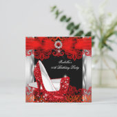 グリッターハイヒールレッドレースダイヤモンドシルバーパーティー 招待状 (スタンド正面)