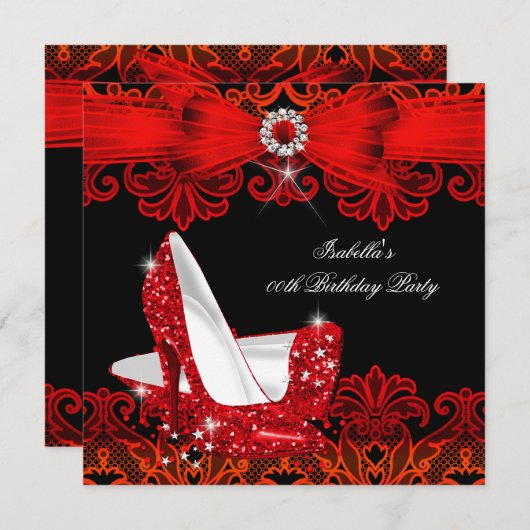 グリッターハイヒールレッドレースダイヤモンドスティレット靴 招待状 (正面/裏面)