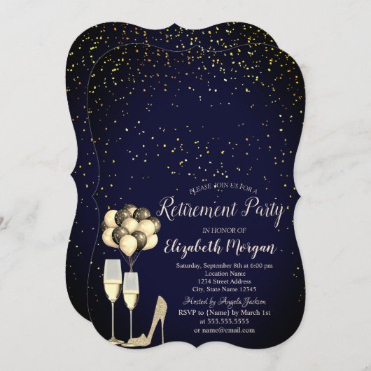 グリッターハイヒール、紙吹雪ブルー退職パーティー 招待状 (正面/裏面)