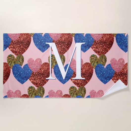 グリッターハートモダングラムピンクモノグラム ビーチタオル (正面)