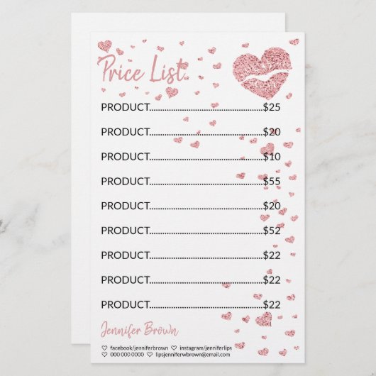 グリッターハートリップリップスティックのメイクアップ価格表 便箋 (正面/裏面)