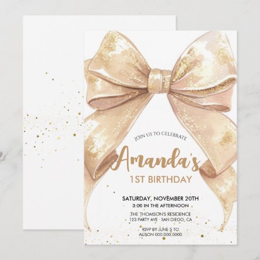 グリッターバウ誕生日 招待状 (正面/裏面)