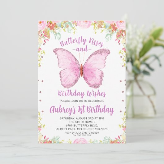 グリッターバタフライキス誕生日ウィッシュ誕生日 招待状 (スタンド正面)