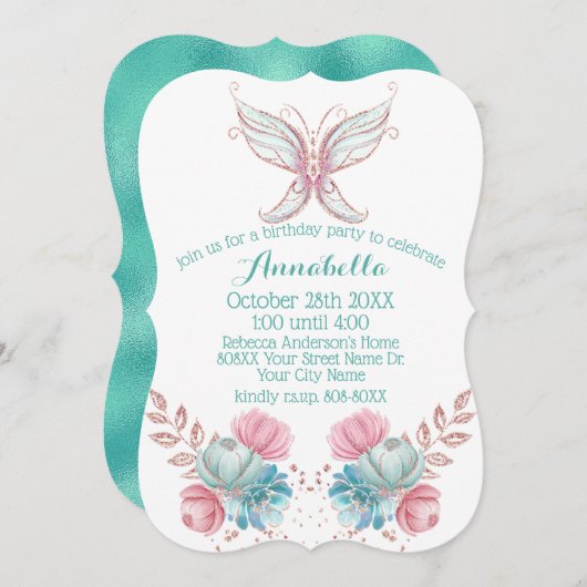 グリッターバタフライティール（緑がかった色）&ピンクフラワーズ誕生日 招待状 (正面/裏面)