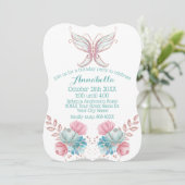 グリッターバタフライティール（緑がかった色）&ピンクフラワーズ誕生日 招待状 (スタンド正面)