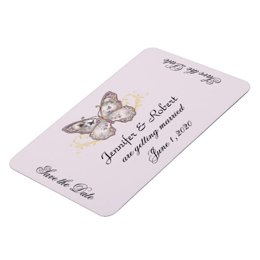 グリッターバタフライラベンダーウェディング日付を保存 マグネット (左側)