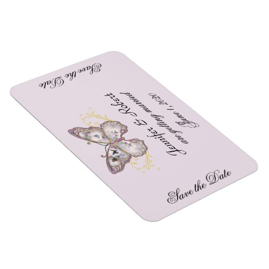 グリッターバタフライラベンダーウェディング日付を保存 マグネット (右側)