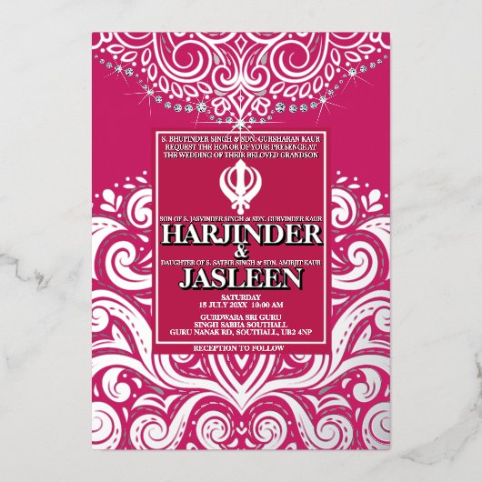 グリッターバラピンクシルバーシクアナンドカラジ結婚ズ 箔招待状 (正面)