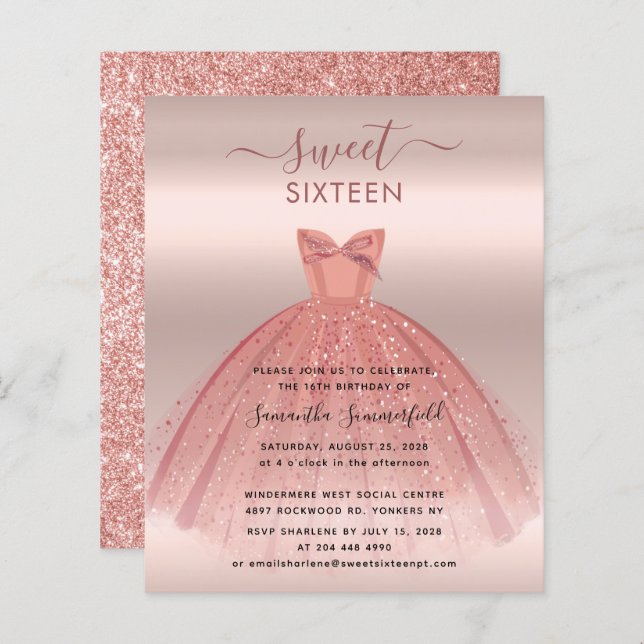 グリッターバラ金ゴールドスクリプトスウィート16パーティの招待状 (正面/裏面)