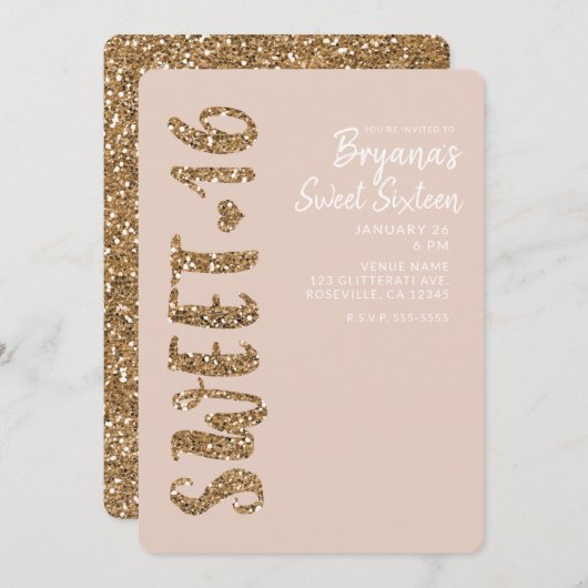 グリッターバラ金ゴールド赤面スイート16十六パーティー 招待状 (正面/裏面)