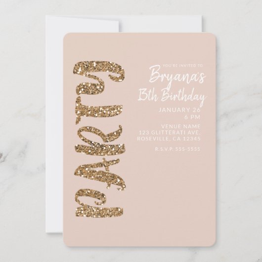 グリッターバラ金ゴールド赤面ANY AGE誕生日パーティー 招待状 (正面)