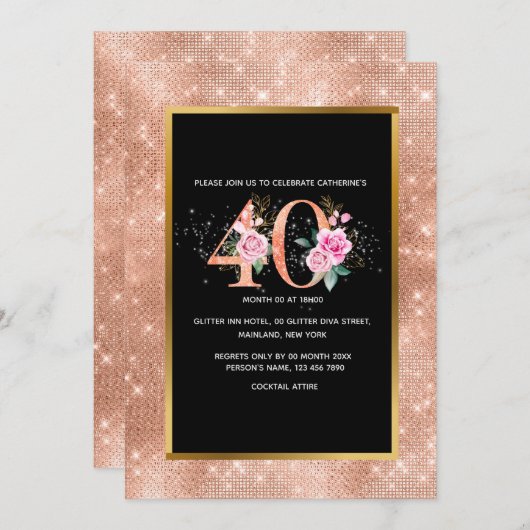 グリッターバラ金ゴールド40th誕生日紙吹雪パーティー 招待状 (正面/裏面)