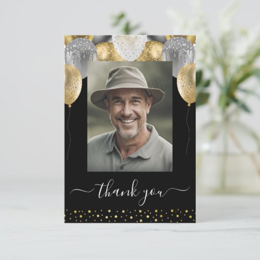 グリッターバルーンありがとう写真 サンキューカード (スタンド正面)