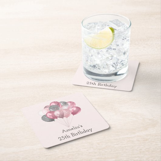 グリッターバルーンのピンクとシルバー誕生日 スクエアペーパーコースター (インサイチュ)