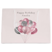 グリッターバルーンのピンクとシルバー誕生日 ラージペーパーバッグ (正面)