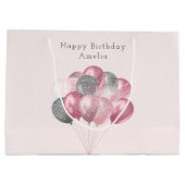 グリッターバルーンのピンクとシルバー誕生日 ラージペーパーバッグ (裏面)