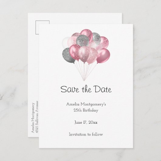 グリッターバルーンバンチピンクとシルバー 案内ポストカード (正面/裏面)