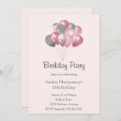 グリッターバルーンバンチピンク&シルバー誕生日 招待状 (正面/裏面)
