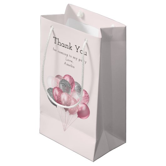 グリッターバルーンピンク&シルバー誕生日ありがとう スモールペーパーバッグ (正面アングル)