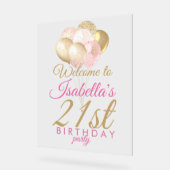グリッターバルーン21歳の誕生日パーティーへようこそ アクリルサイン (傾斜)