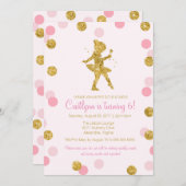 グリッターバレリーナ、ピンクと金ゴールドスパークル誕生日 招待状 (正面/裏面)