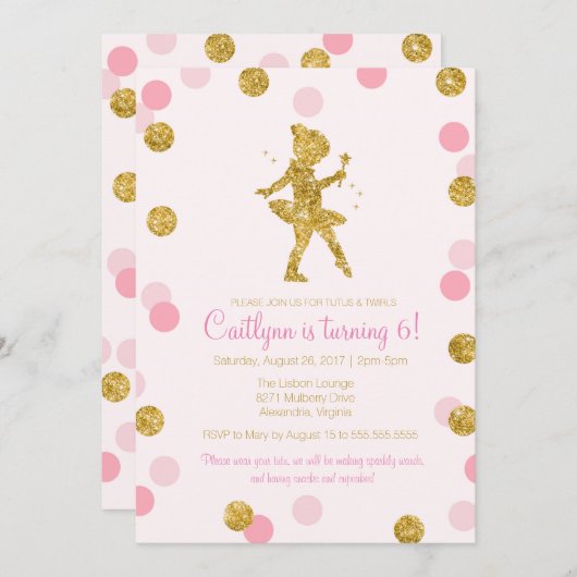 グリッターバレリーナ、ピンクと金ゴールドスパークル誕生日 招待状 (正面/裏面)
