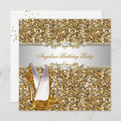 グリッターバースデーパーティー金ゴールドジュエルダイヤモンドシューズ 招待状 (正面/裏面)