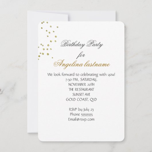 グリッターバースデーパーティー金ゴールドジュエルダイヤモンド 招待状 (裏面)