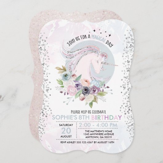 グリッターパステルフローラユニコーン誕生日招待状 招待状 (正面/裏面)