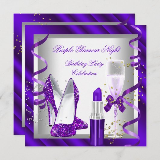 グリッターパープルグラモールナイトシャンパーニュパーティー 招待状 (正面/裏面)