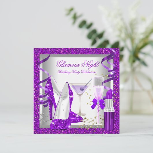グリッターパープルグラモールナイトドリンクバースデーパーティー 招待状 (スタンド正面)