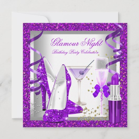 グリッターパープルグラモールナイトドリンクバースデーパーティー 招待状 (正面)