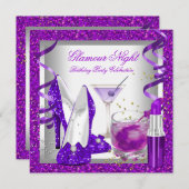 グリッターパープルグラモールナイトマルティーニパーティー 招待状 (正面/裏面)