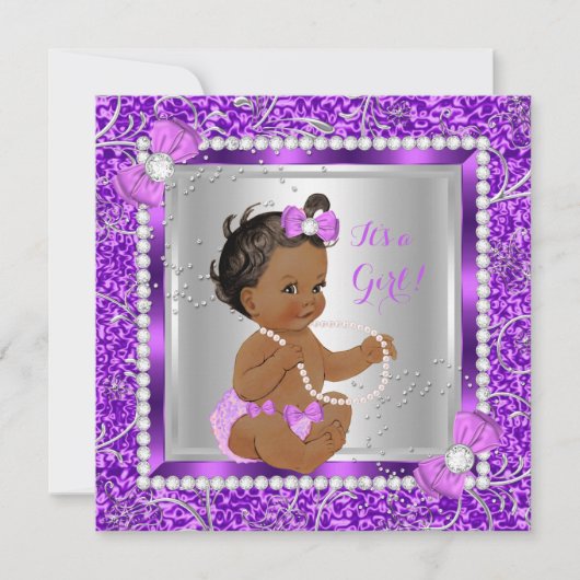 グリッターパープルシルバーベビーシャワーガールエスニック 招待状 (正面)