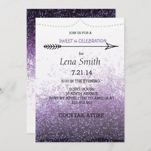 グリッターパープルスイート16 /カクテルパーティー招待状 招待状 (正面/裏面)