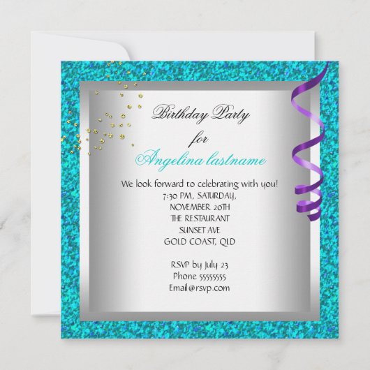グリッターパープルティール（緑がかった色）グラモールナイトマルティーニパーティー 招待状 (裏面)