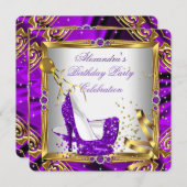 グリッターパープルハイヒールシューズ金ゴールドホワイトシルク 招待状 (正面/裏面)