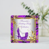 グリッターパープルハイヒールシューズ金ゴールドホワイトシルク 招待状 (スタンド正面)